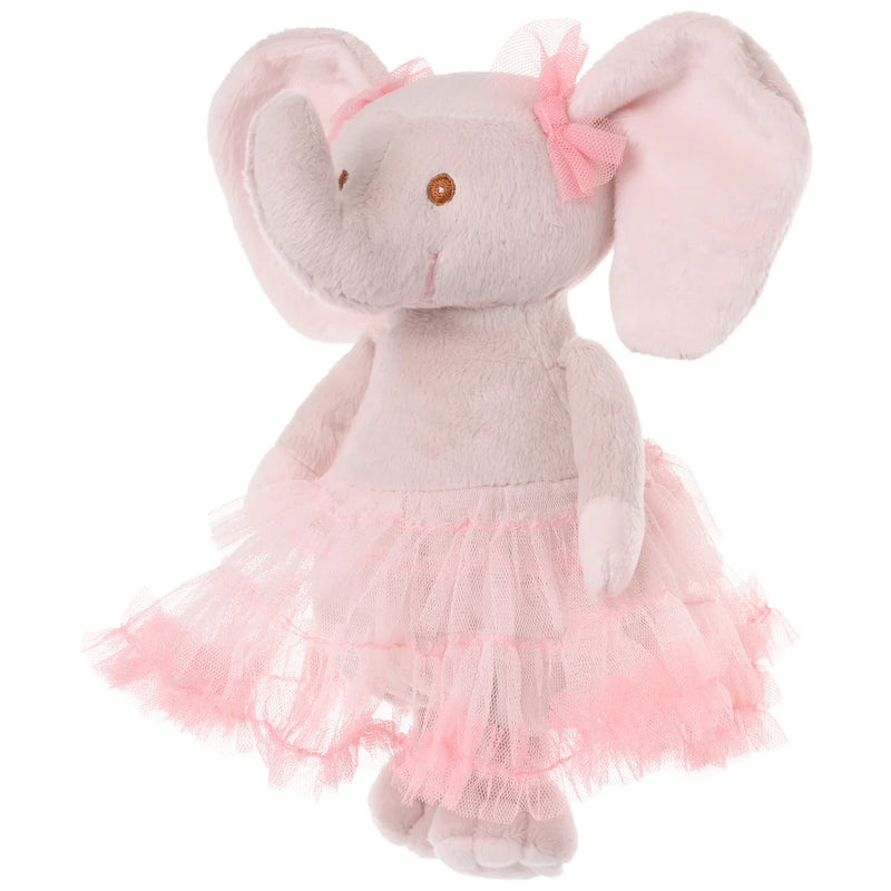 Plush elephant toy with a pink tutu on a white background