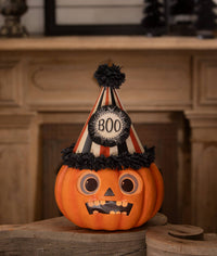 Back view of Bethany Lowe Boo Party Pumpkin vintage inspired Halloween decoration
