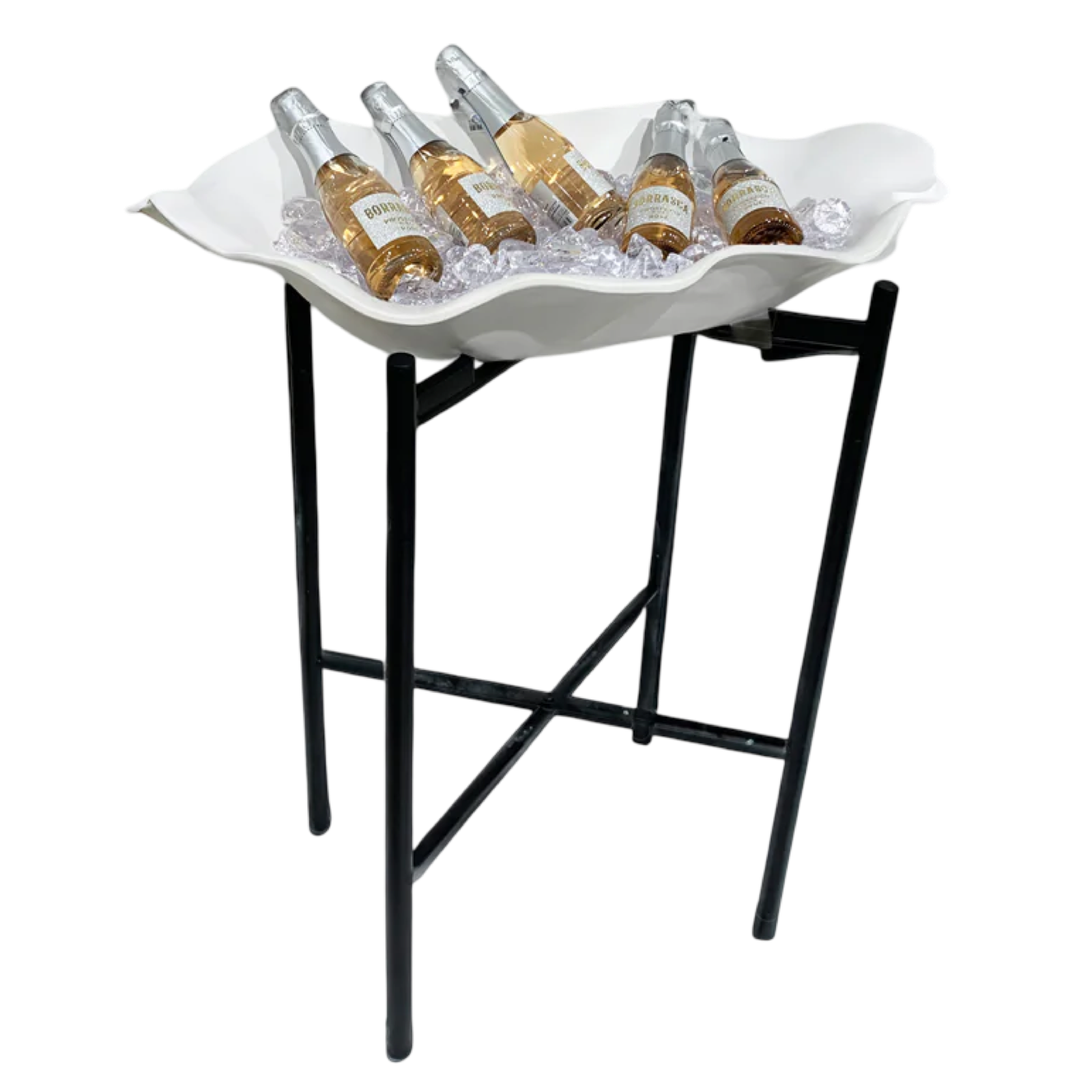White shell-shaped tray with bottles on a black stand against a white background