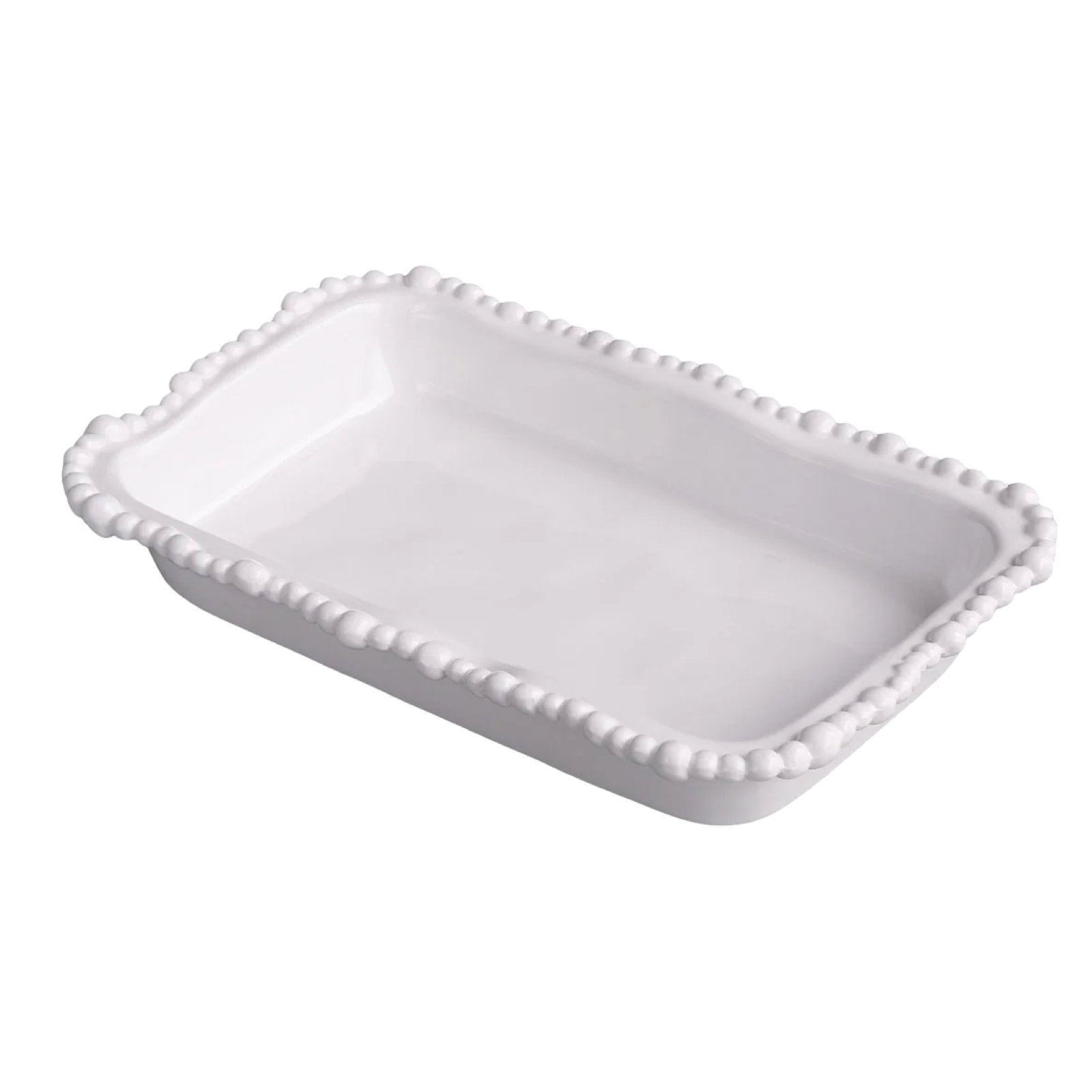 White ceramic dish with decorative edge on a white background