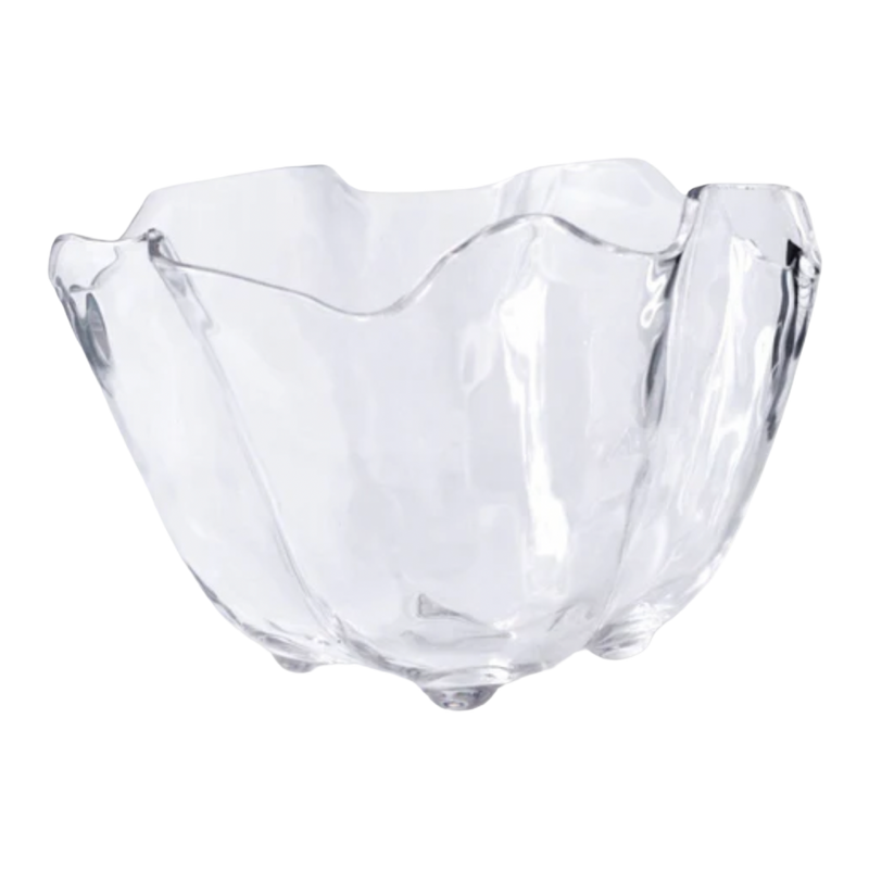 Clear glass bowl with a unique design on a white background