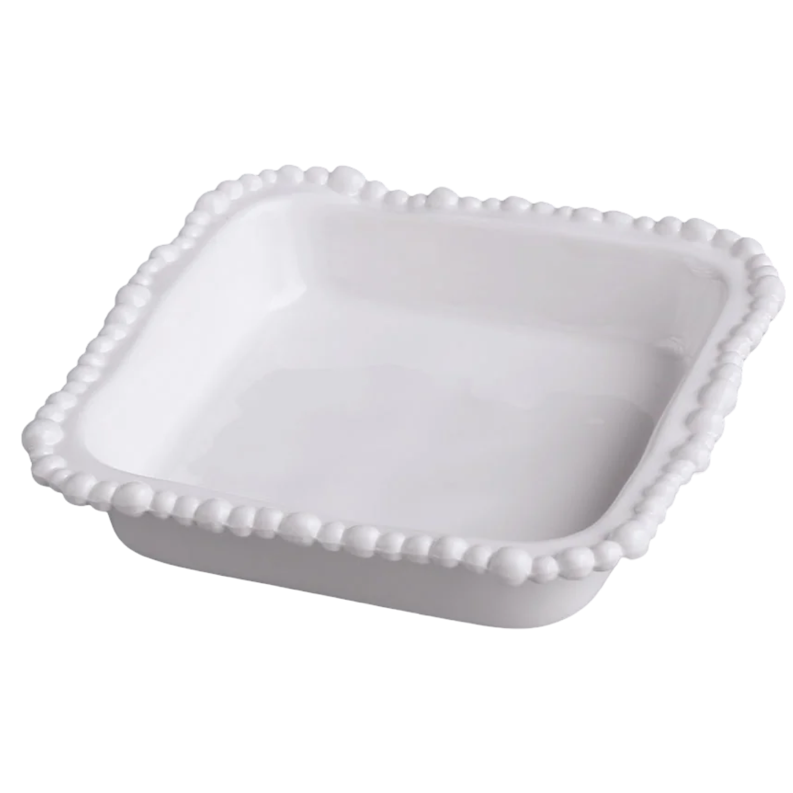 White ceramic dish with decorative edge on a white background