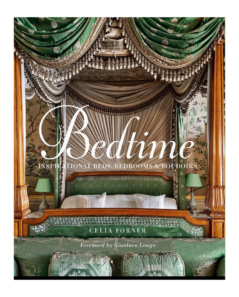 Book cover of 'Bedtime' by Celia Forner featuring an ornate bedroom with green and gold decor.