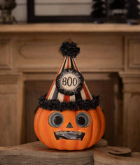 Bethany Lowe Boo Party Pumpkin paper mache jack o lantern with orange black and white party hat
