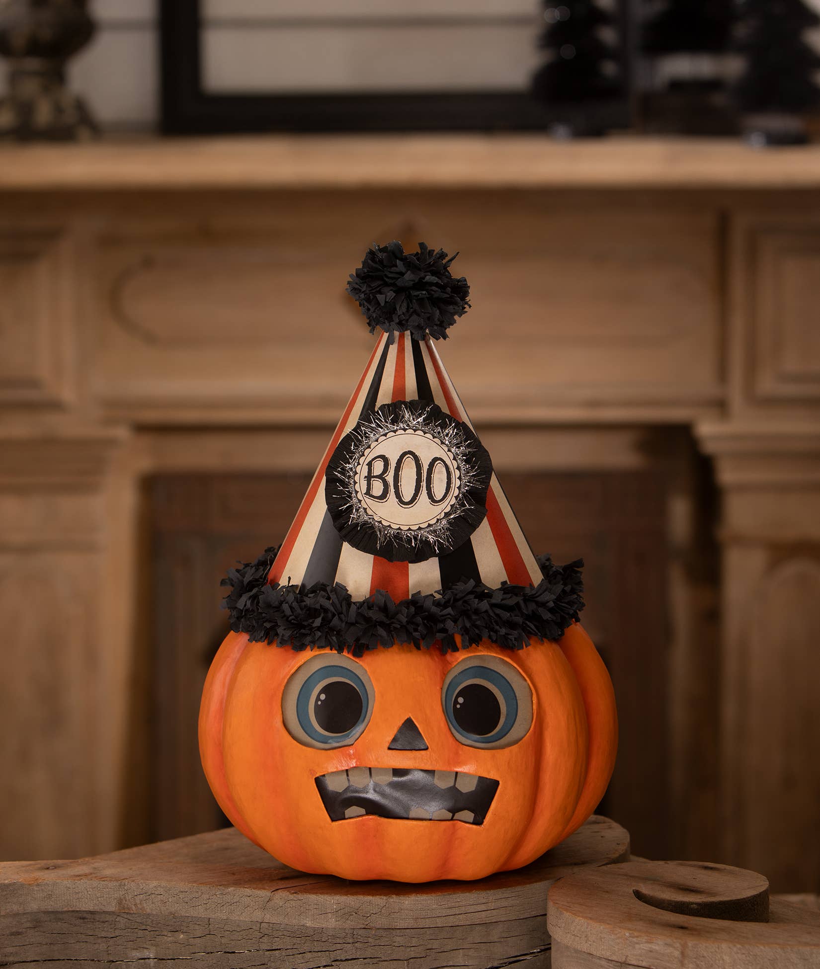 Bethany Lowe Boo Party Pumpkin paper mache jack o lantern with orange black and white party hat
