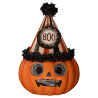 Bethany Lowe Boo Party Pumpkin vintage Halloween jack o lantern with striped party hat and BOO medallion
