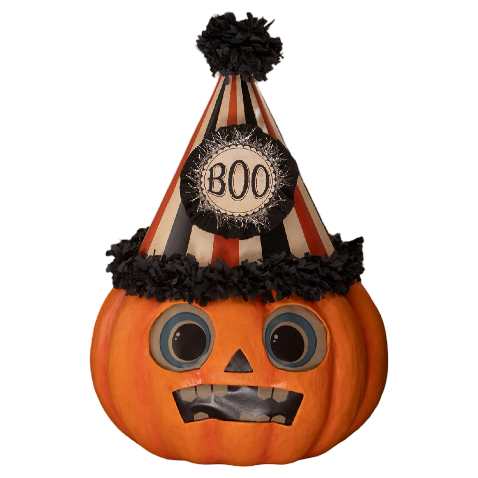 Bethany Lowe Boo Party Pumpkin vintage Halloween jack o lantern with striped party hat and BOO medallion
