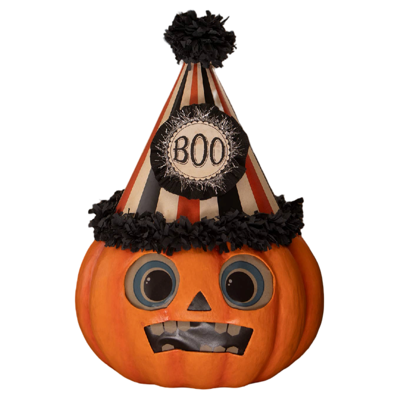 Bethany Lowe Boo Party Pumpkin vintage Halloween jack o lantern with striped party hat and BOO medallion
