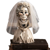A bride skeleton figurine wearing a tattered wedding dress, veil, and floral crown, posed on top of vintage books against a plain white background.