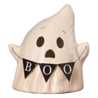 Bethany Lowe Designs Luminary Boo with Banner paper mache Halloween ghost with cutout face and miniature BOO banner.
