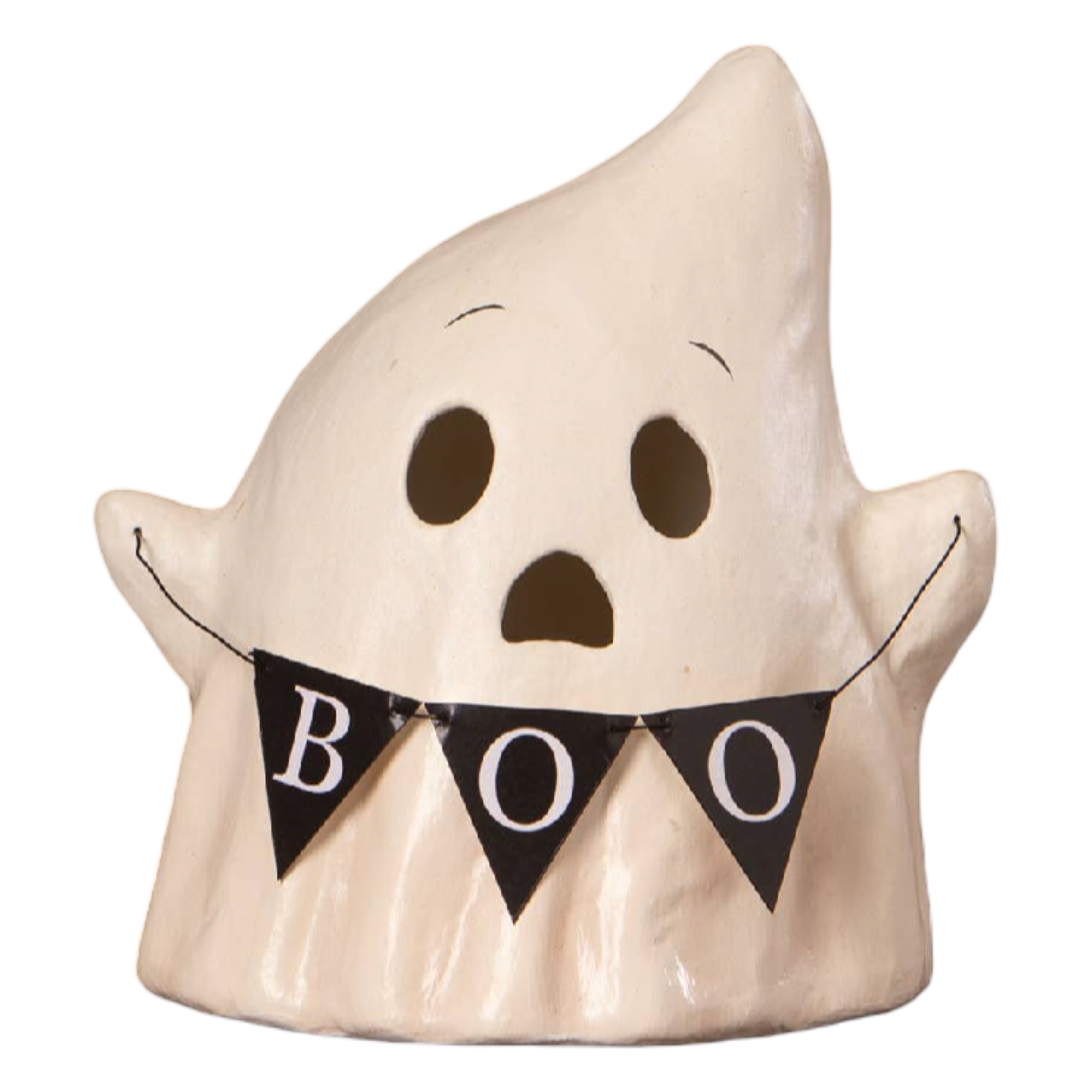 Bethany Lowe Designs Luminary Boo with Banner paper mache Halloween ghost with cutout face and miniature BOO banner.