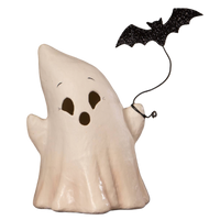Bethany Lowe Designs Luminary Boo with Bat paper mache Halloween ghost featuring cutout face and suspended glittered black bat.