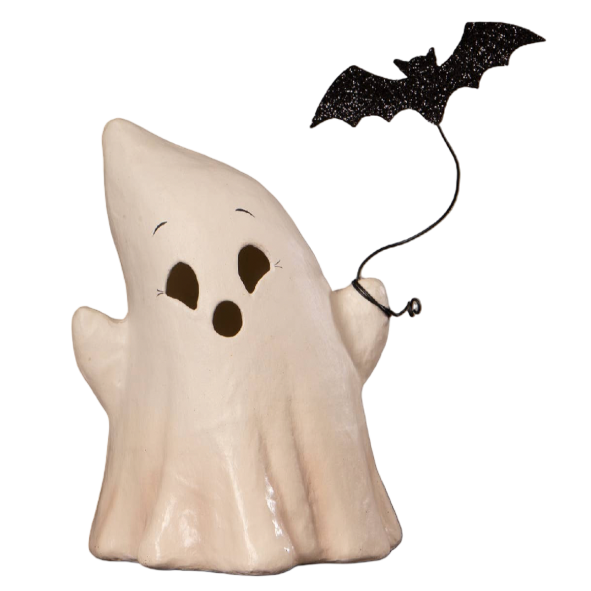Bethany Lowe Designs Luminary Boo with Bat paper mache Halloween ghost featuring cutout face and suspended glittered black bat.