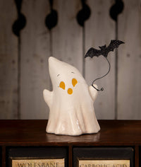 Bethany Lowe Designs Luminary Boo with Bat paper mache Halloween ghost featuring cutout face and suspended glittered black bat.