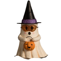 Bethany Lowe Designs Witchy Ghost with Pumpkin Halloween figurine wearing a pointed witch hat and holding an orange pumpkin trick-or-treat bucket.