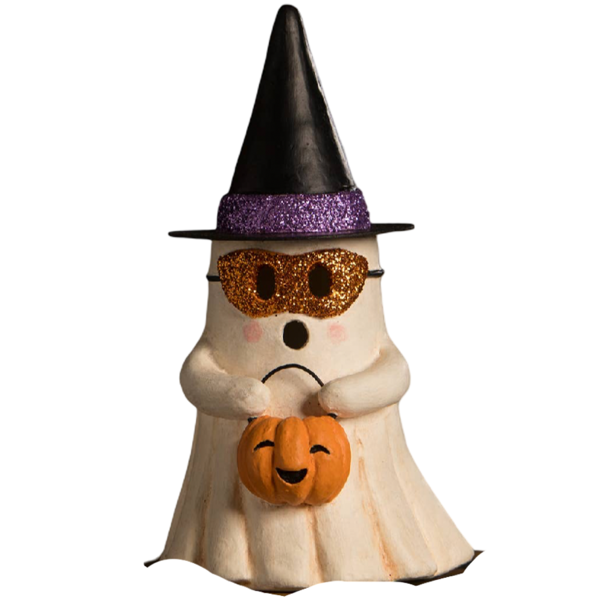 Bethany Lowe Designs Witchy Ghost with Pumpkin Halloween figurine wearing a pointed witch hat and holding an orange pumpkin trick-or-treat bucket.