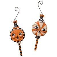 Bethany Lowe Spooky Sweet Treat Halloween ornaments set of two orange black and cream candy decorations