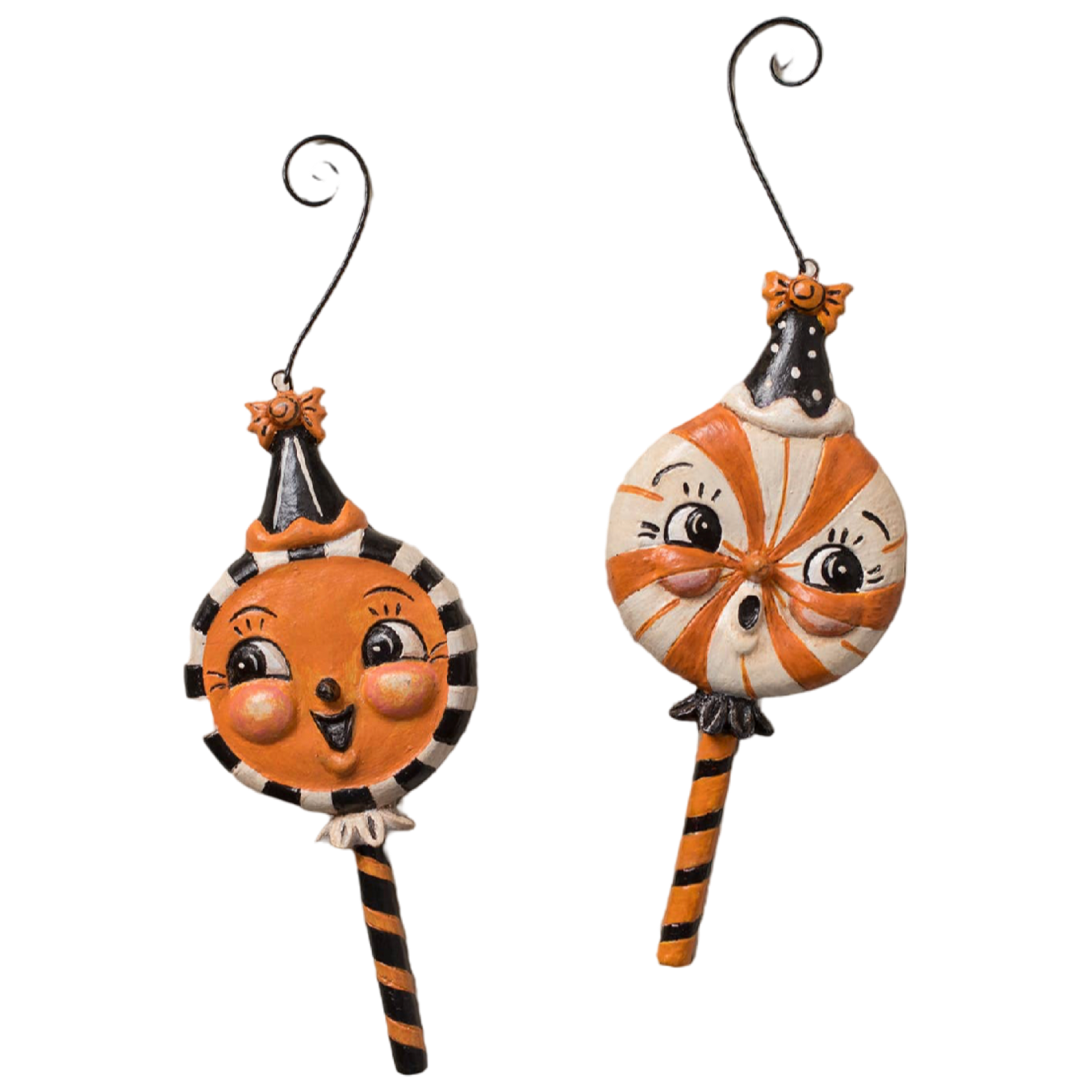 Bethany Lowe Spooky Sweet Treat Halloween ornaments set of two orange black and cream candy decorations
