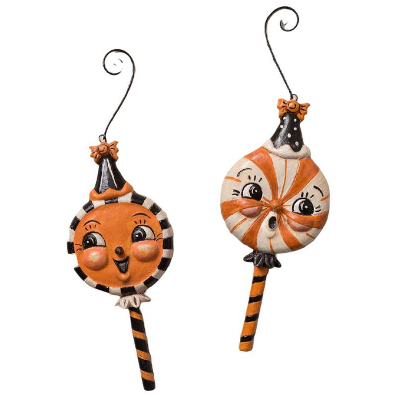 Bethany Lowe Spooky Sweet Treat Halloween ornaments set of two orange black and cream candy decorations
