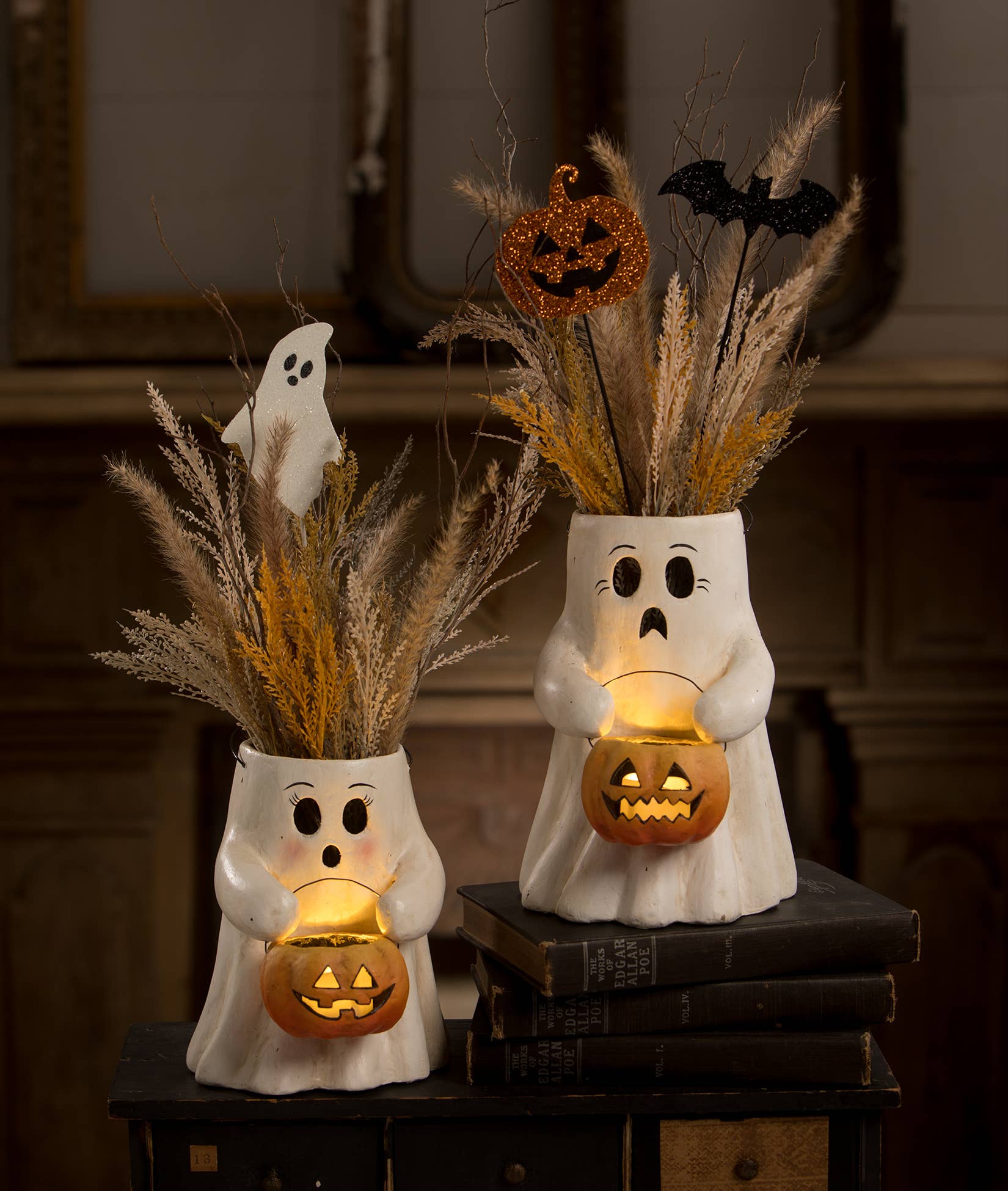 Bethany Lowe Sweet Boo ghost displayed with collectible Halloween decor and autumn accents 