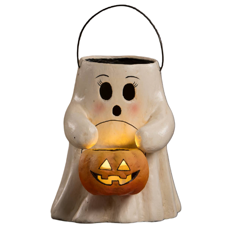 Bethany Lowe Sweet Boo paper mache ghost holding orange jack o lantern pumpkin bucket