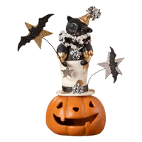 Bethany Lowe Top Hat Jack with Cat vintage-inspired Halloween figure with pumpkin base, tall black hat, black cat, and glittered stars