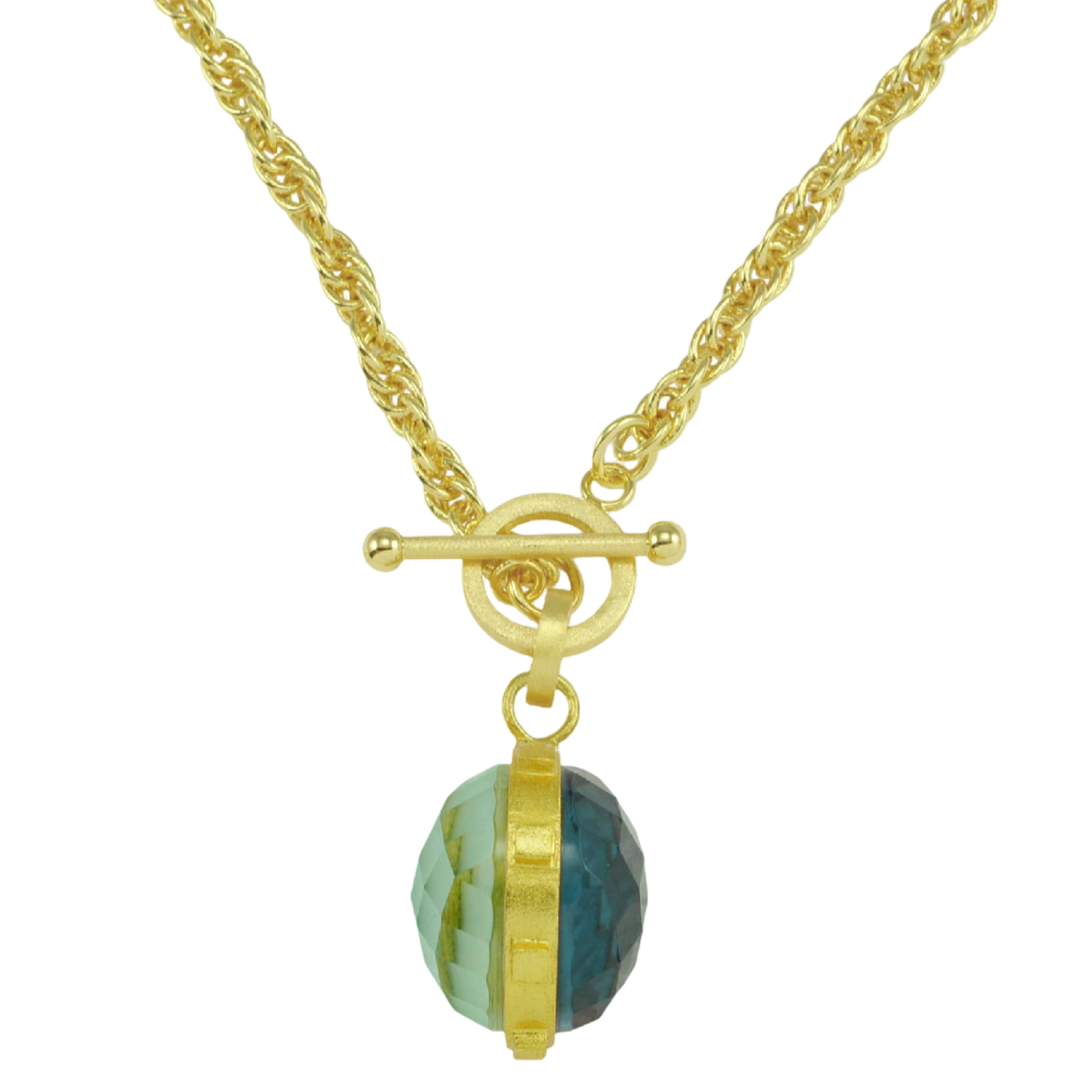 Betty Carre Gisele Necklace, Aqua Mist necklace, Clover necklace, reversible pendant necklace, double sided pendant, gemstone necklace, Betty Carre jewelry, layering necklace, gold necklace, everyday jewelry, colorful pendant necklace, statement necklace, boutique jewelry, gift for her, fashion jewelry, designer jewelry, elegant necklace, versatile jewelry, women's necklace, Betty Carre pendant