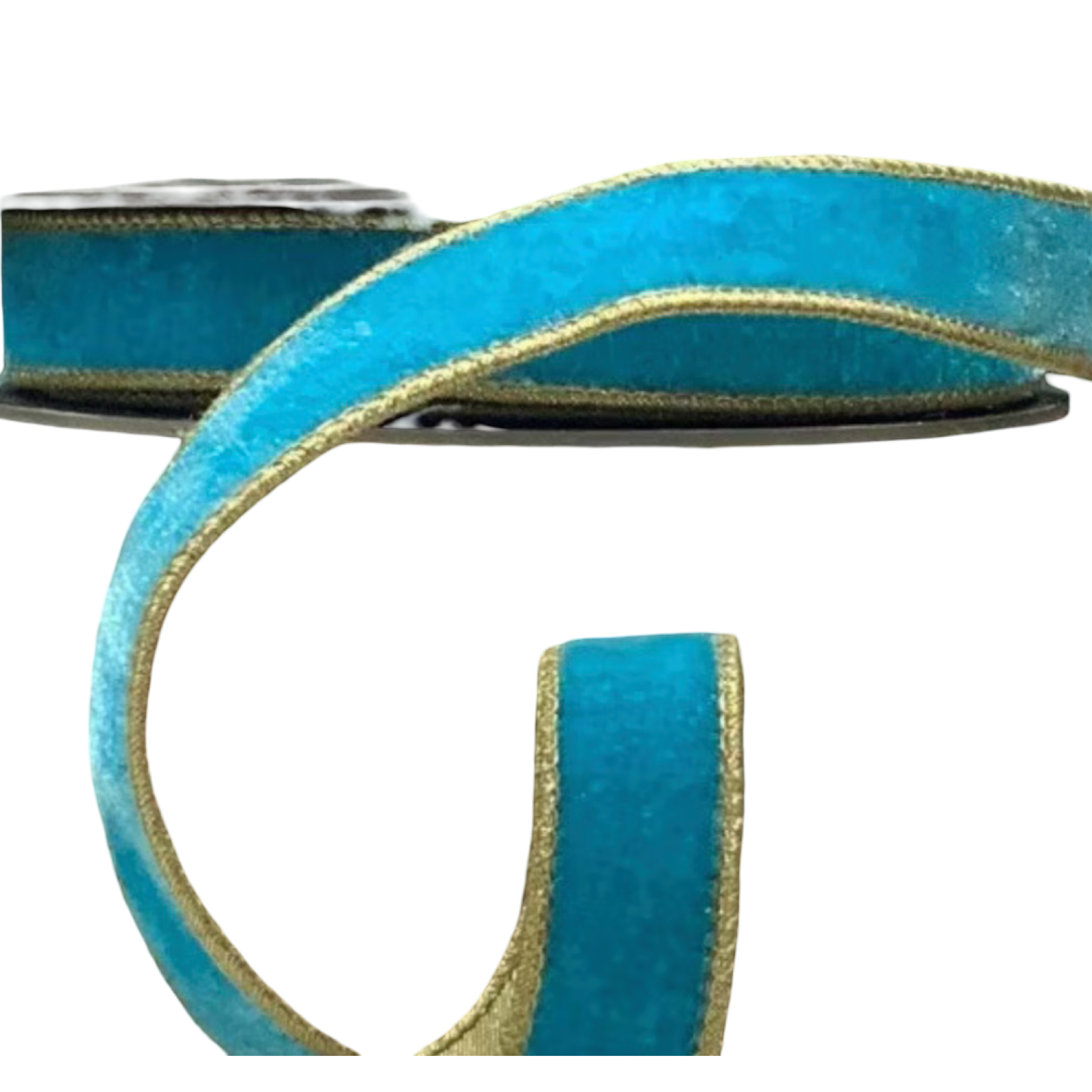 Blue Moon lush velvet ribbon with metallic gold backing and gold edging, 1 inch wide, shown on a spool for bows, ornaments, wreaths, garlands, and gift wrapping.