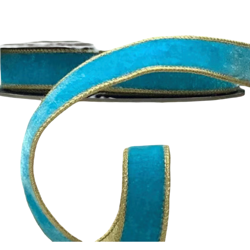 Blue Moon lush velvet ribbon with metallic gold backing and gold edging, 1 inch wide, shown on a spool for bows, ornaments, wreaths, garlands, and gift wrapping.