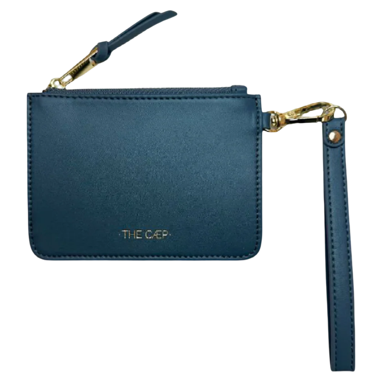 Blue wristlet with gold accents and 'THE GAER' branding on a white background