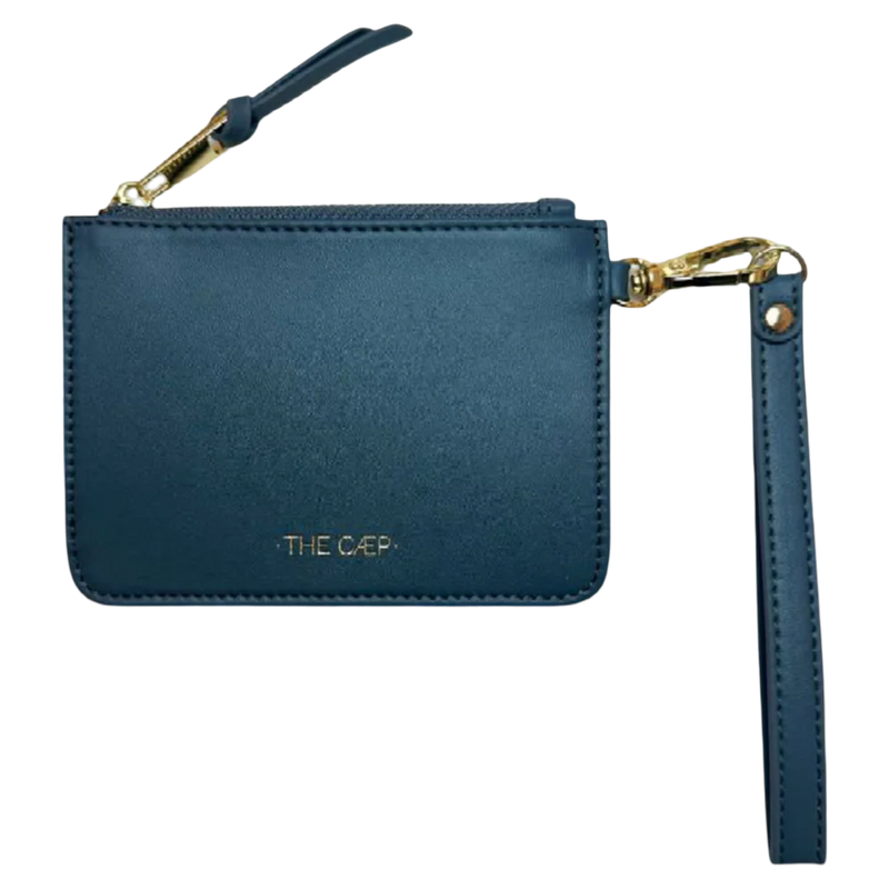 Blue wristlet with gold accents and 'THE GAER' branding on a white background