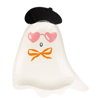 Boo La La ghost-shaped paper plates by My Mind's Eye featuring a whimsical ghost with a black beret, pink heart-shaped sunglasses, and an orange bow.