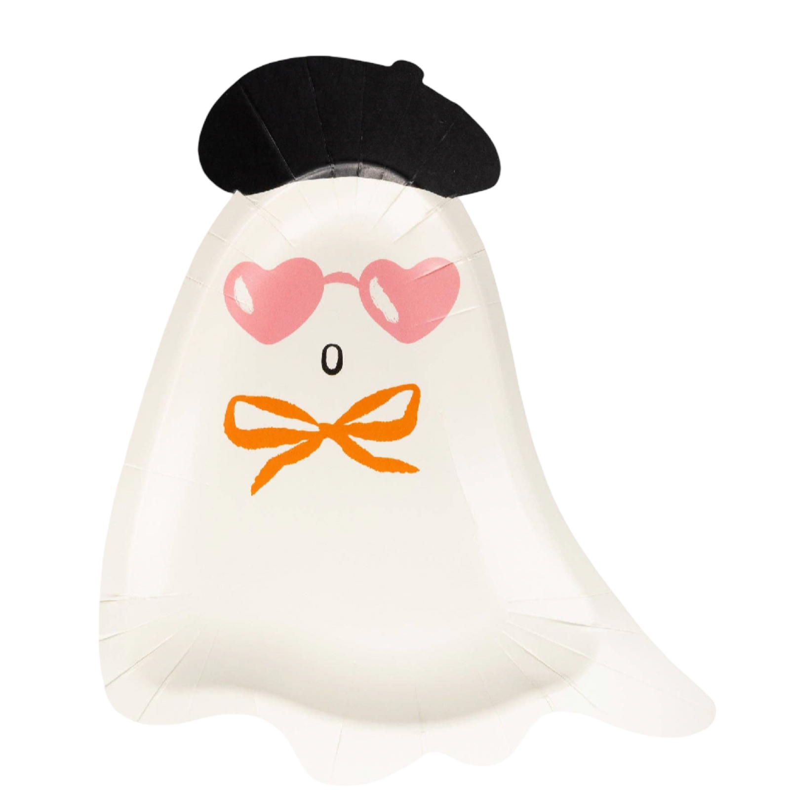 Boo La La ghost-shaped paper plates by My Mind's Eye featuring a whimsical ghost with a black beret, pink heart-shaped sunglasses, and an orange bow.