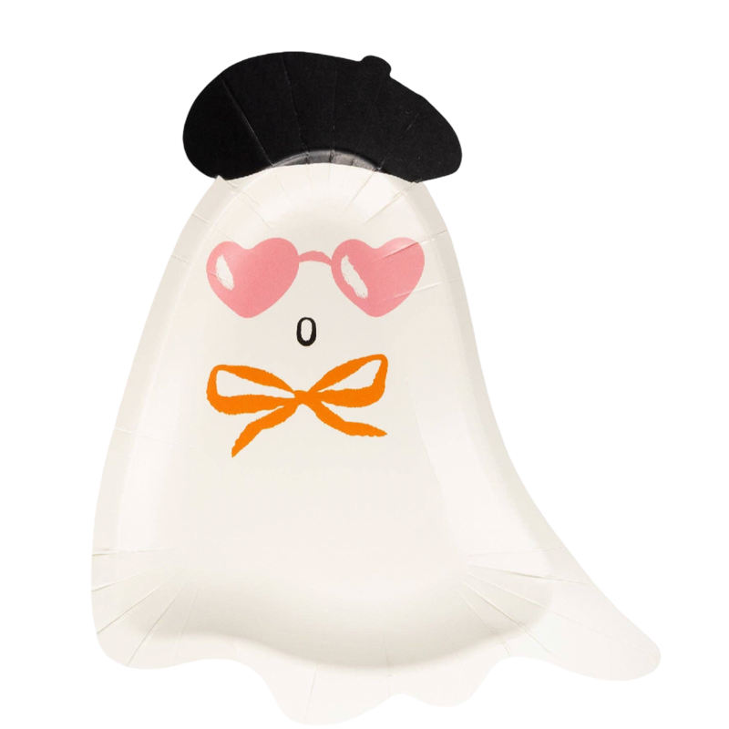 Boo La La ghost-shaped paper plates by My Mind's Eye featuring a whimsical ghost with a black beret, pink heart-shaped sunglasses, and an orange bow.
