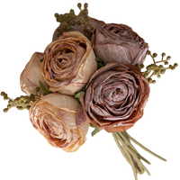 Brown and taupe silk rose faux bouquet with six blooms, greenery, and berry accents