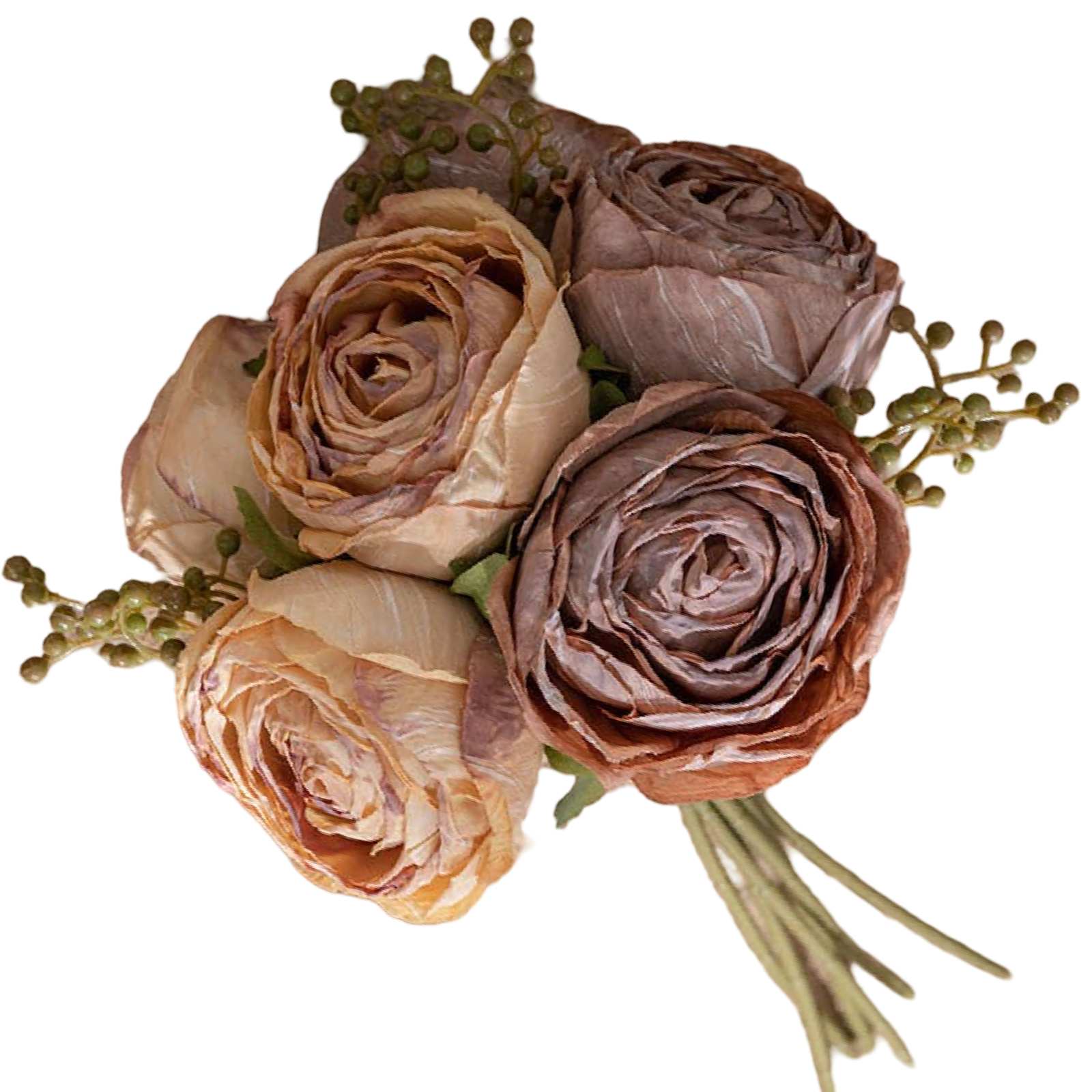 Brown and taupe silk rose faux bouquet with six blooms, greenery, and berry accents