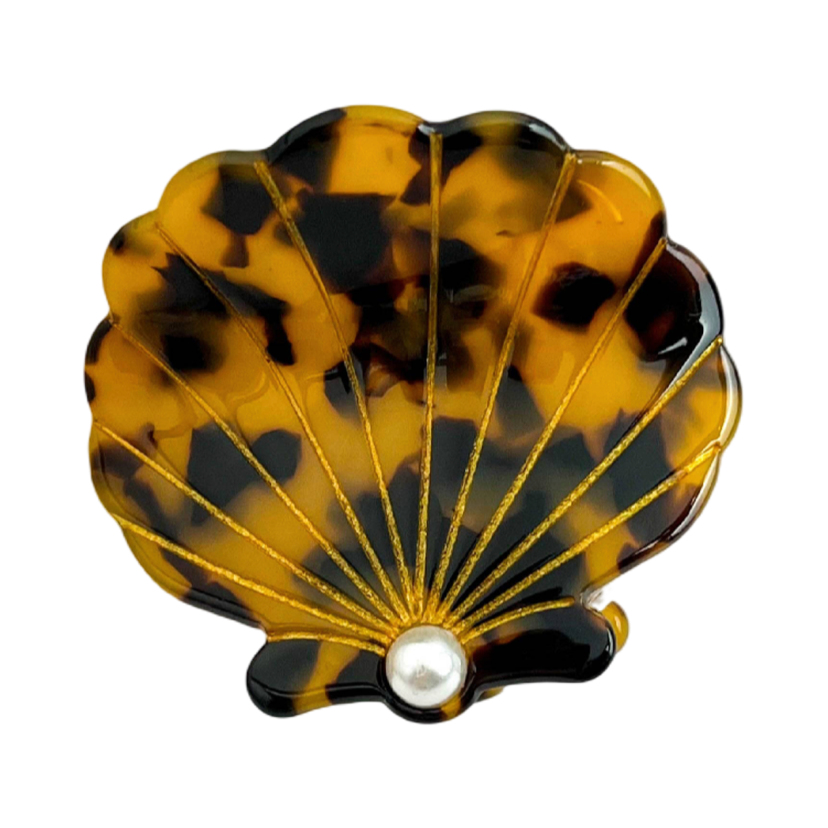 Brown tortoise seashell acetate hair claw clip with pearl-inspired center accent.