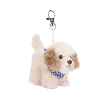 Buddylina dog charm, plush puppy bag charm, cream dog keychain, Bukowski Bears Sweden, cute dog charm, soft dog accessory, blue scarf dog toy, mini plush puppy, gift for dog lovers, keyring charm