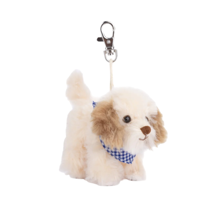 Buddylina dog charm, plush puppy bag charm, cream dog keychain, Bukowski Bears Sweden, cute dog charm, soft dog accessory, blue scarf dog toy, mini plush puppy, gift for dog lovers, keyring charm