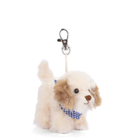 Buddylina dog charm, plush puppy bag charm, cream dog keychain, Bukowski Bears Sweden, cute dog charm, soft dog accessory, blue scarf dog toy, mini plush puppy, gift for dog lovers, keyring charm