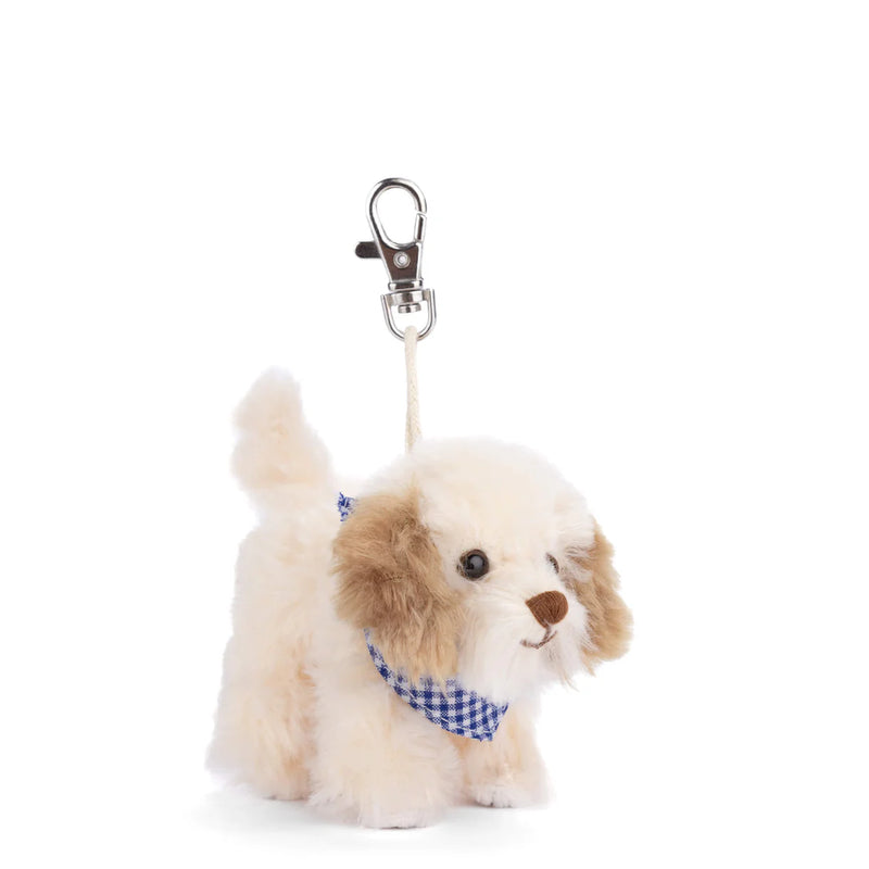 Buddylina dog charm, plush puppy bag charm, cream dog keychain, Bukowski Bears Sweden, cute dog charm, soft dog accessory, blue scarf dog toy, mini plush puppy, gift for dog lovers, keyring charm