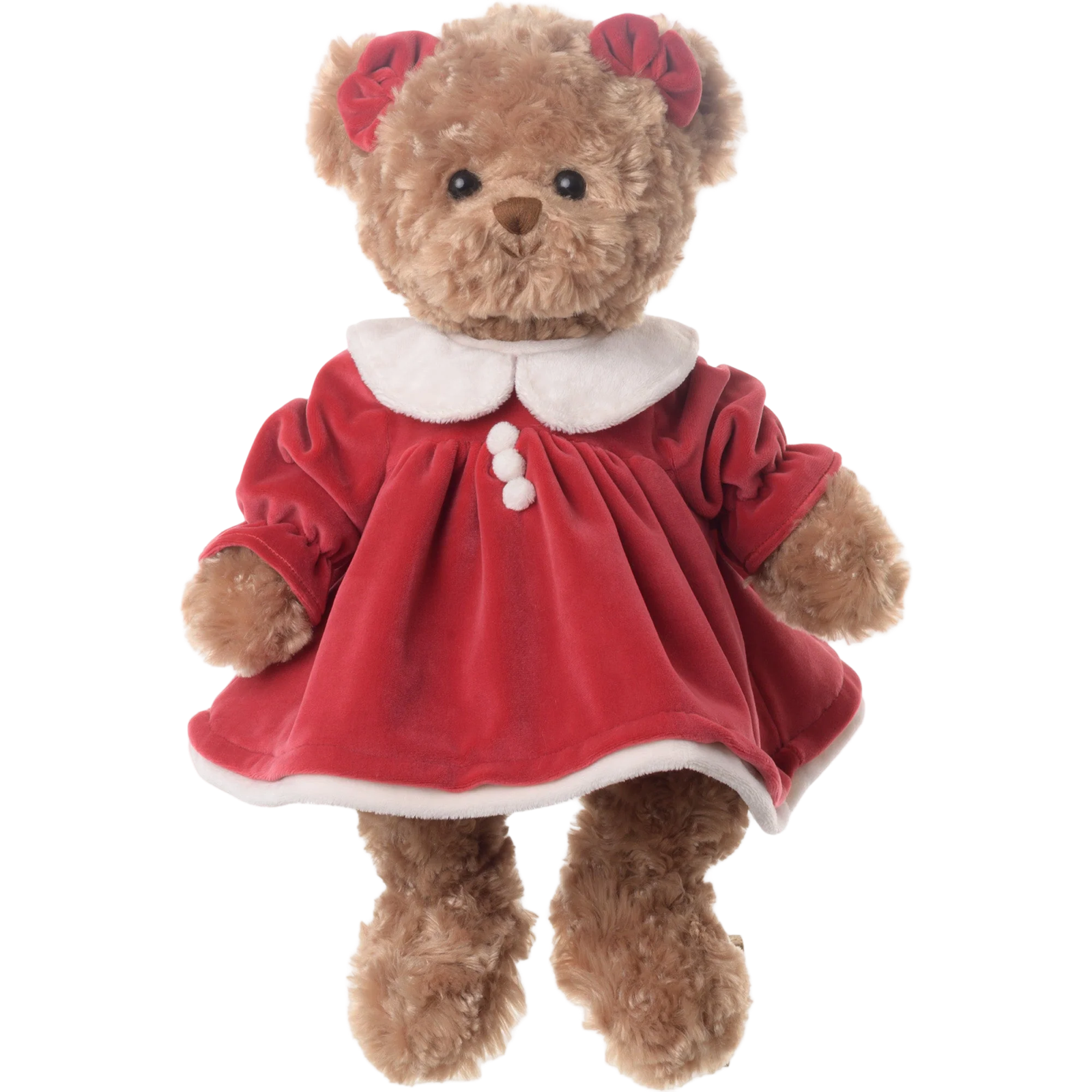 Teddy bear wearing a red dress with a white collar on a white background