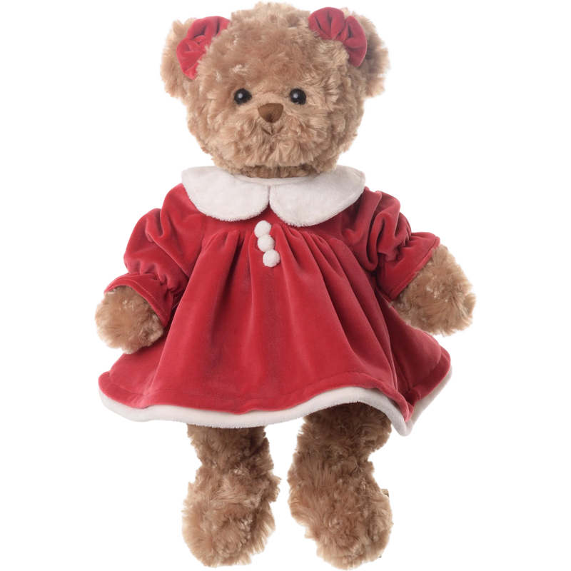Teddy bear wearing a red dress with a white collar on a white background