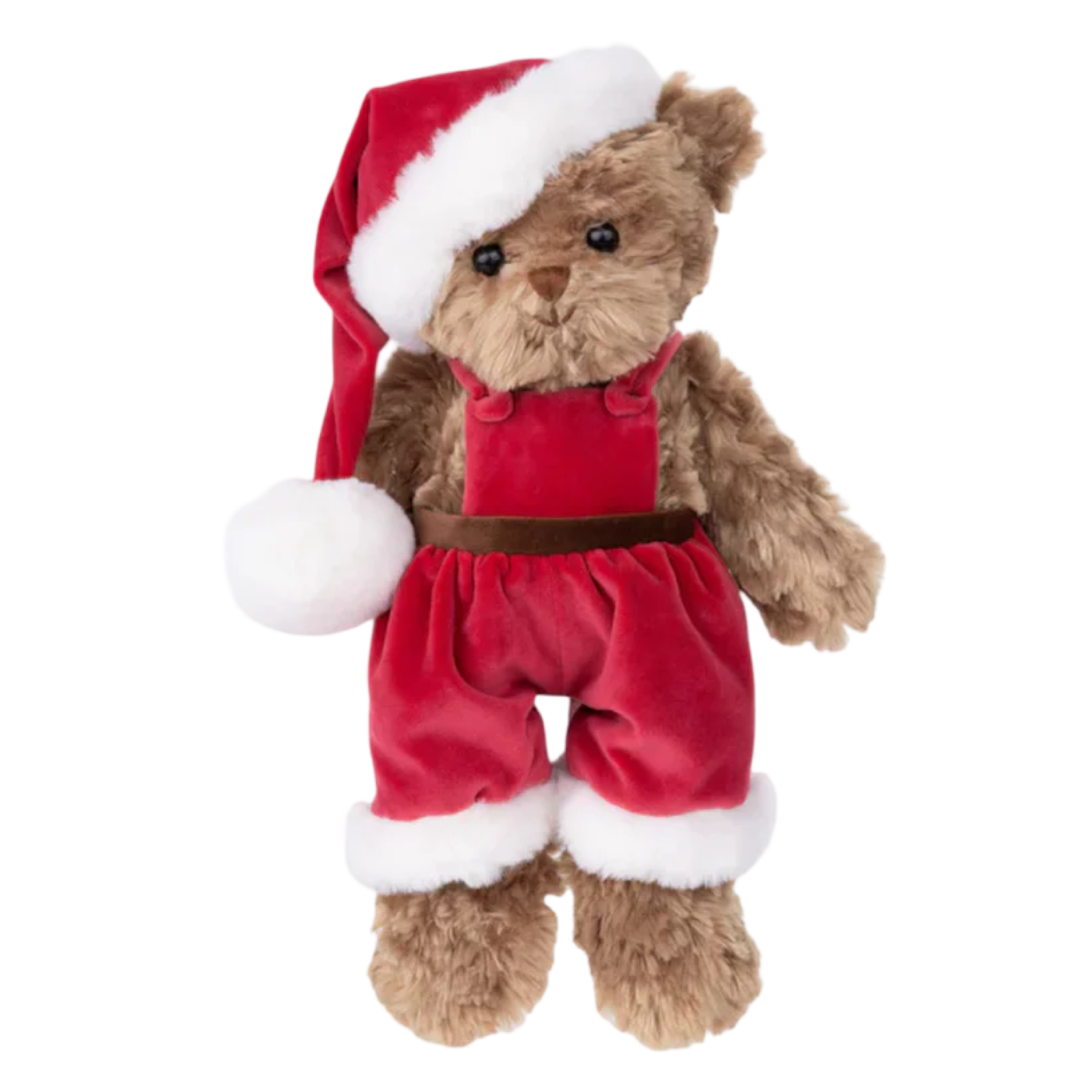 Plush teddy bear dressed in a Santa outfit with red jumpsuit and hat on a white background