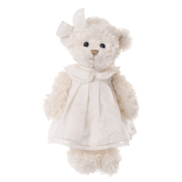 Bukowski Nikole teddy bear, medium size teddy bear, 14 inch plush bear, bedtime teddy for kids, teddy bear in nightgown, curly white teddy bear, soft plush bedtime toy, Bukowski plush gift, sleep companion teddy, nighttime stuffed animal