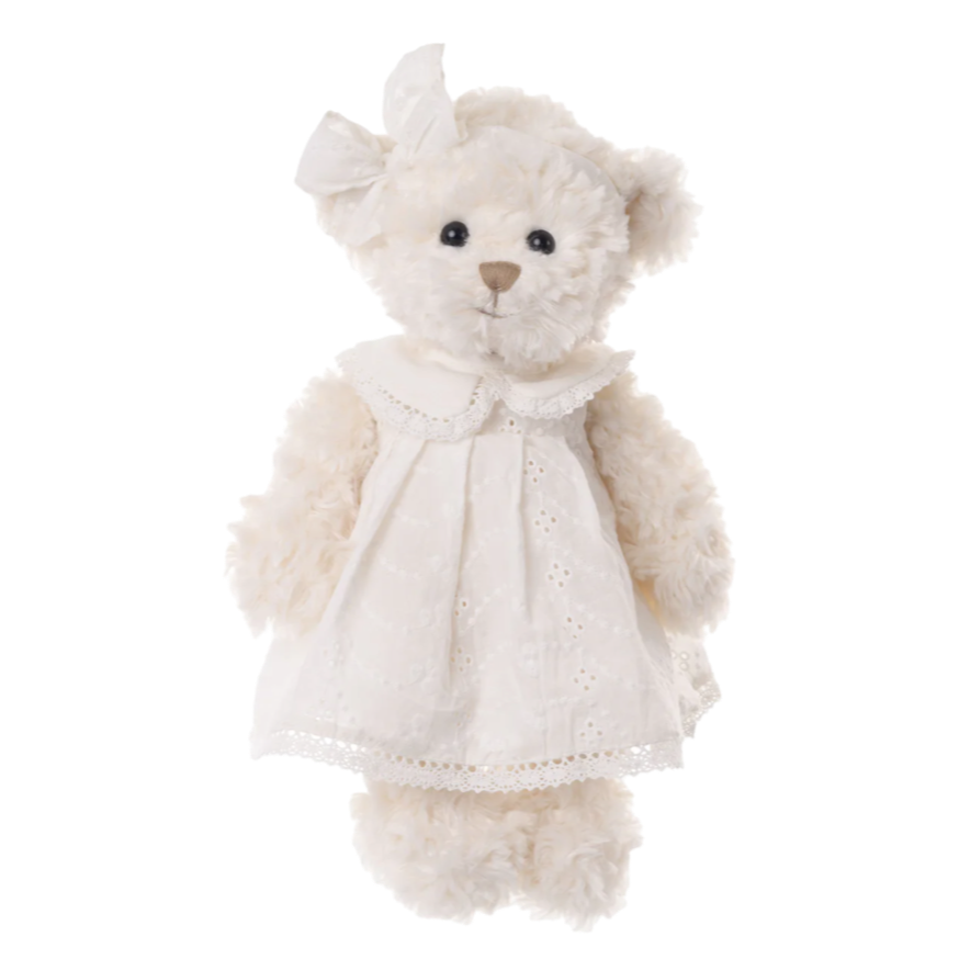 Bukowski Nikole teddy bear, medium size teddy bear, 14 inch plush bear, bedtime teddy for kids, teddy bear in nightgown, curly white teddy bear, soft plush bedtime toy, Bukowski plush gift, sleep companion teddy, nighttime stuffed animal