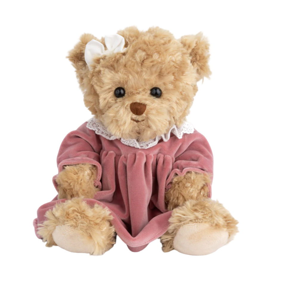 Bukowski Sophia bear, plush teddy bear in dress, velvet dress teddy, heirloom teddy bear, Bukowski plush bear, classic stuffed bear, gift teddy for baby girl, Swedish teddy bear, stuffed bear with bow, pink dress plush bear