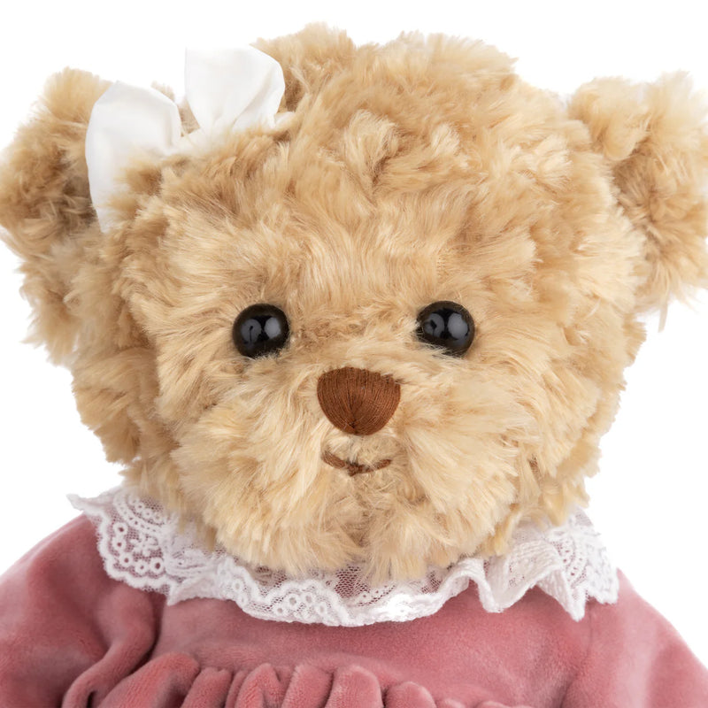 Bukowski Sophia bear, plush teddy bear in dress, velvet dress teddy, heirloom teddy bear, Bukowski plush bear, classic stuffed bear, gift teddy for baby girl, Swedish teddy bear, stuffed bear with bow, pink dress plush bear