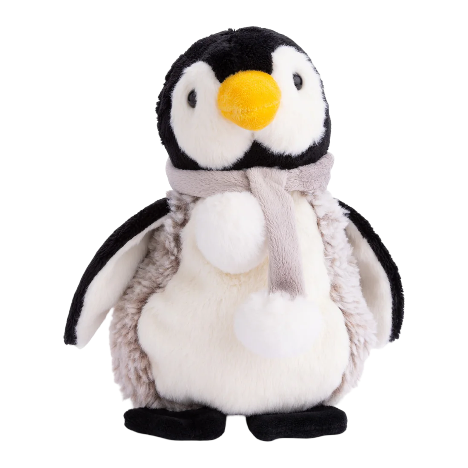 Plush penguin toy with a scarf on a white background