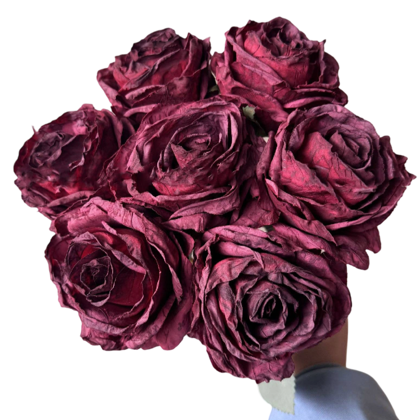 Burgundy vintage-style faux rose bouquet with seven full layered rose stems and leaves